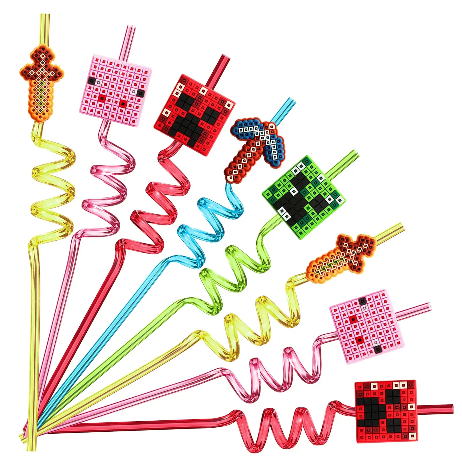 Disposable Straws 6/12pcs Pack My World Pixel 3D Straw Spiral Drinking Straws Children Kids Birthday Party Decorations Juice Straws Baby Shower