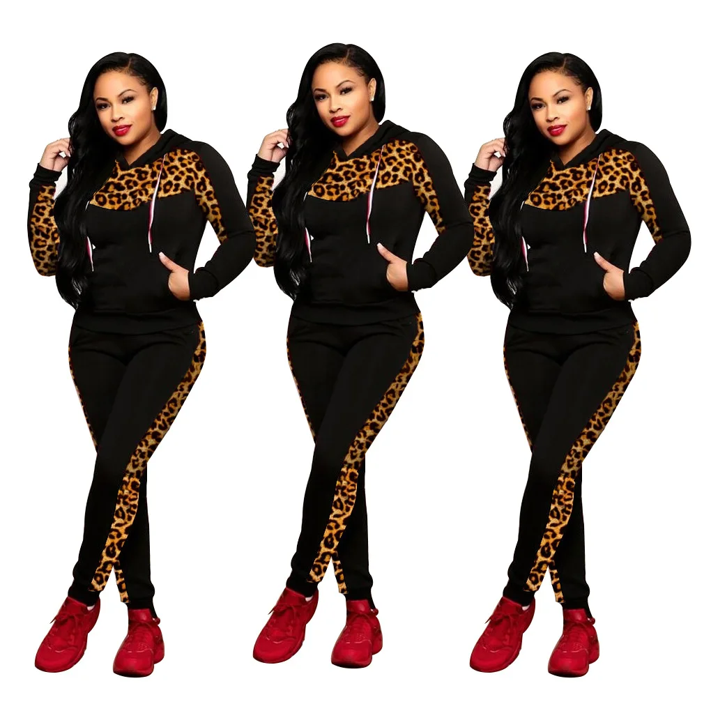 Y5141 Autumn and Winter New European and American Women's Leopard Pattern Splice Casual Hooded Two Piece Set