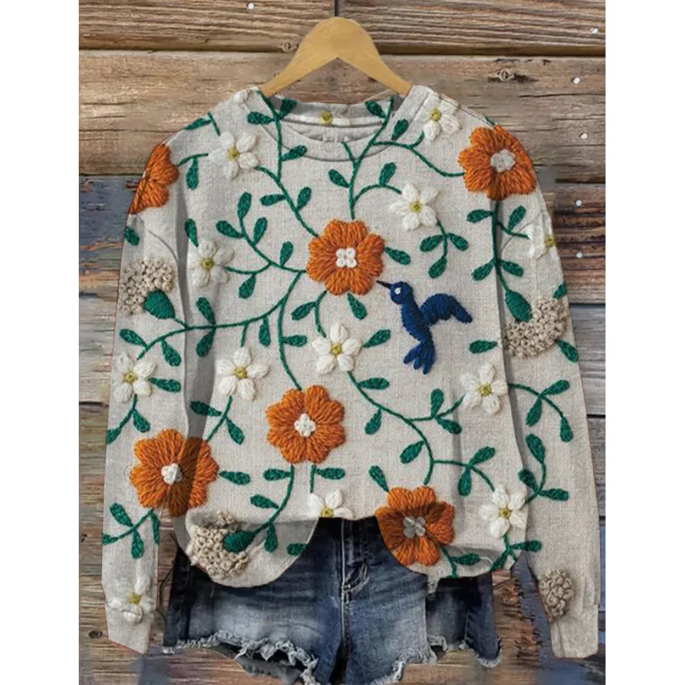 

New Flower Print Hoodie For Women Autumn Harajuku Sweatshirt O-neck Loose Pullover Female Casual Sweater Fashion Streetwear Tops