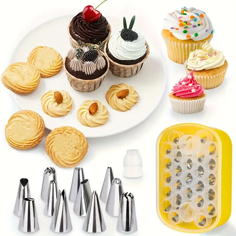 Mały zestaw dysz do dekoracji 26 szt. z pudełkiem - 24 dysze do lukru i 2 adaptery do dekorowania ciast, babeczek, ciasteczek, artykuły do samodzielnego pieczenia