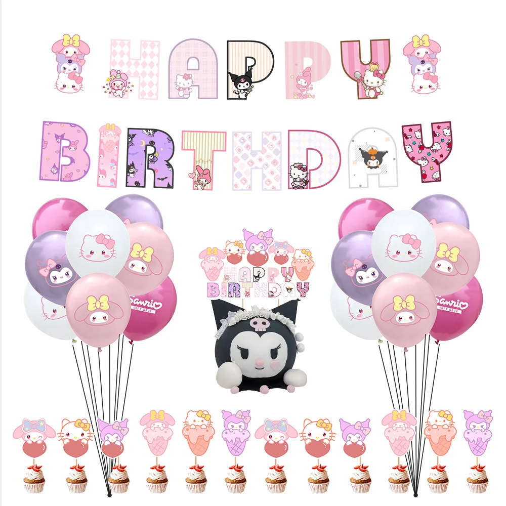

Anime Kawaii Hellokittys My Melody Kuromi Theme Party Birthday Scene Layout Cute Flag Sanrio Balloon Decoration Photo Background