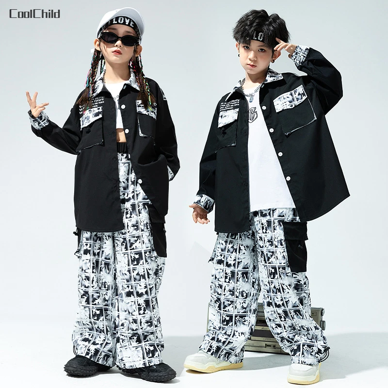 Boys Hip Hop Cool Jacket Patchwork Cargo Pants Girls Shirt teen Street Dance Clothes Sets Kids Streetwear Children Jazz Costumes 3