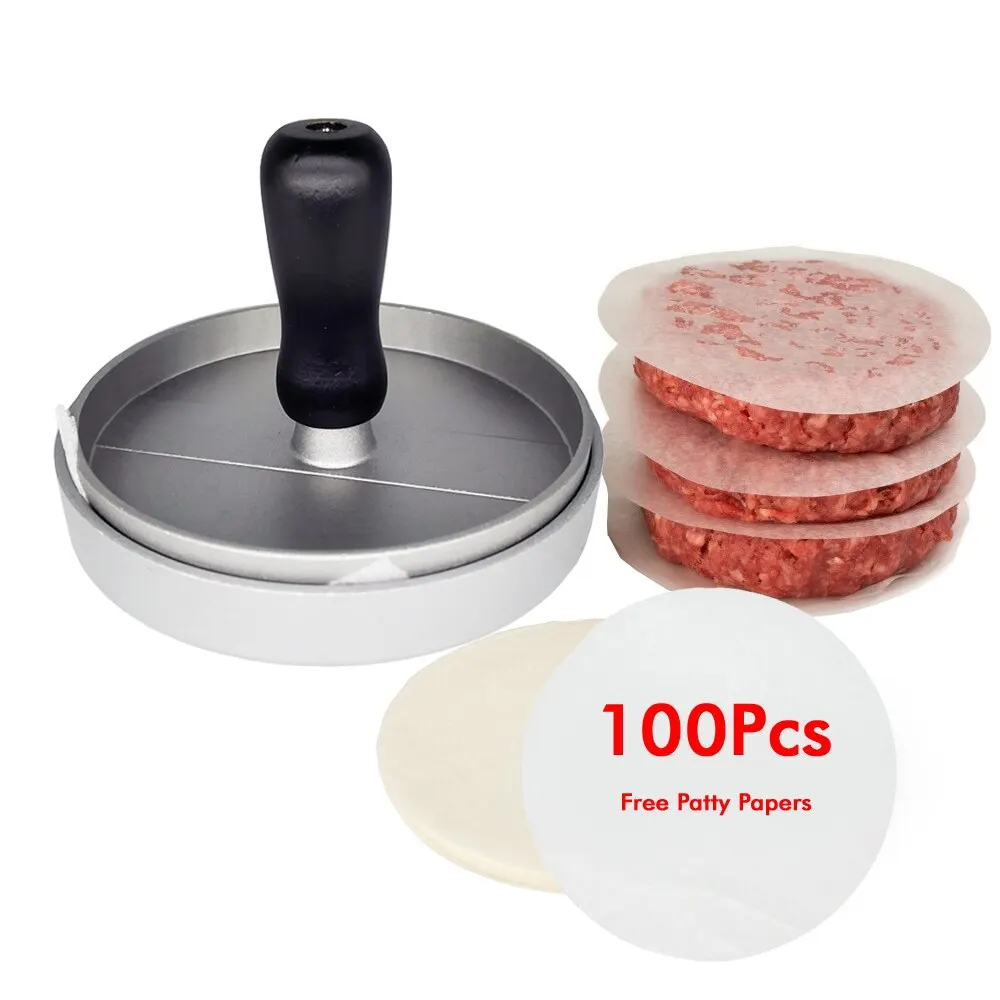 Burger Press Patty Maker Aluminium Hamburger Mold Non-Stick with 100 Patty Papers