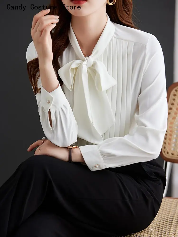 

Elegant Blouses Female Fashion Clothes Pleated Women Shirt Long Sleeve Bow Tie Neck Pearl Buttons Anti Wrinkle Office Lady