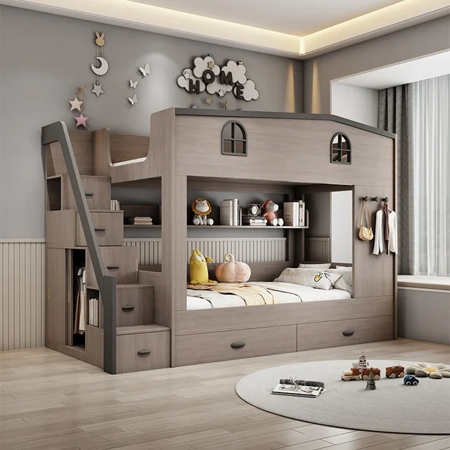 Bunk bed kids with Drawer storage loft double bed Climbing stairs full frames Queen Wooden literas de 2 camas bedroom furniture 3