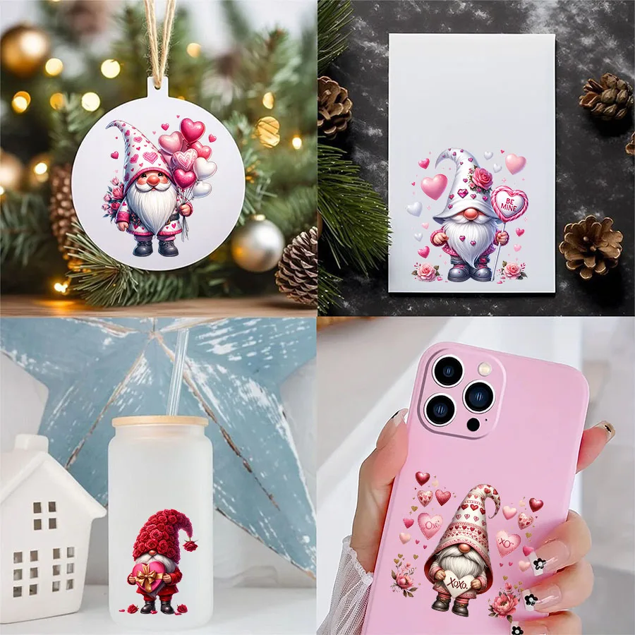 24pcs Valentine's Day Gnome Heart UV DTF Cup Wrap Transfer Sticker Glass Coffee Mugs Decoration Greeting Cards Decal Party Decor