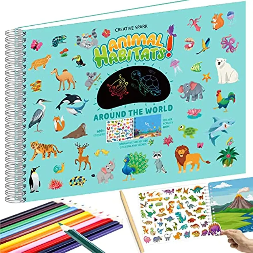 

600+Stickers+14 Coloring Pages&13 Side by Side Scenes Reusable Sticker Coloring Activity Scenes Toys Book Removable Animal Stick