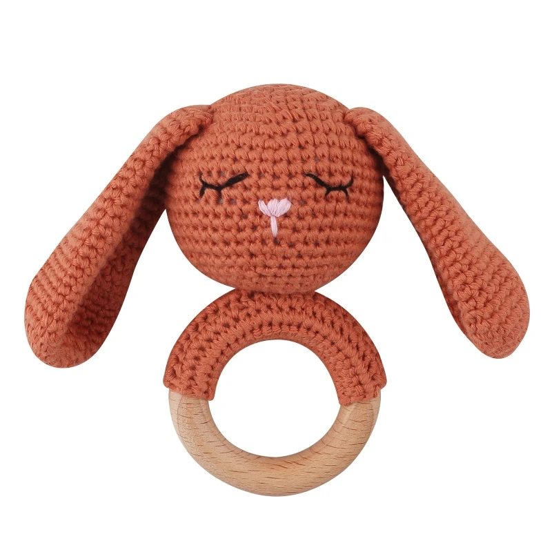 

1pc Wooden Crochet Bunny Rattle Toy BPA Ring Baby Teether Handbell Baby Gym Mobile Rattles Newborn Educational