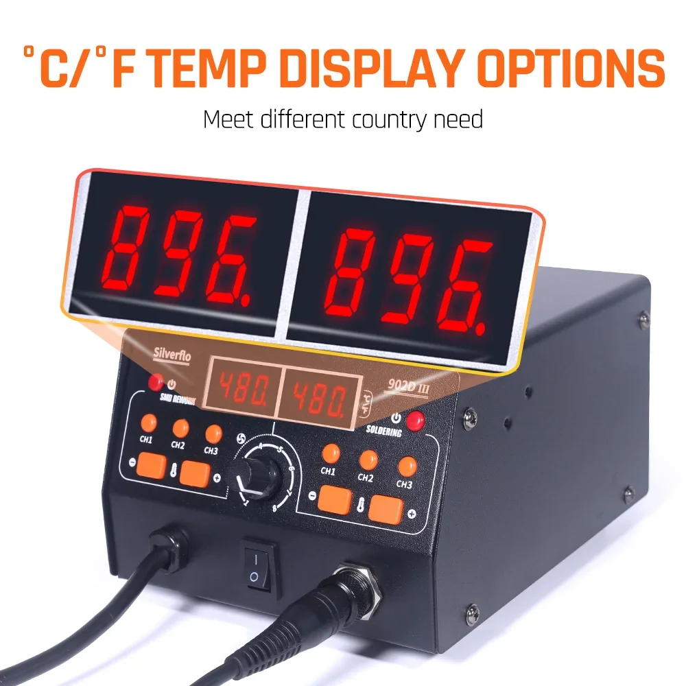 Silverflo 902D-III Welding Station 750W Hot Air Soldering Station with 3 Preset Channels Sleep Mode C/F Swith for SMD Rework soldering station,welding tool