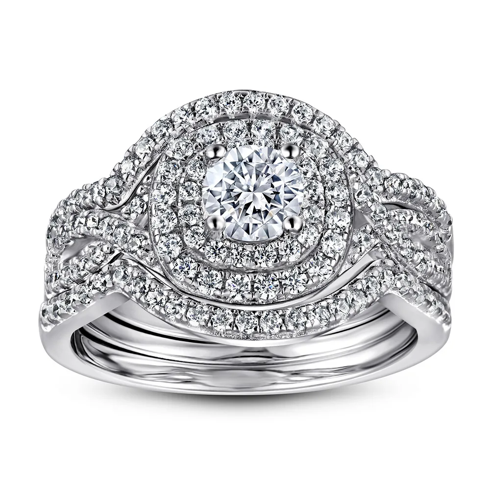 

Popular 925 Sterling Silver Combination Ring Set Three Piece Engagement Wedding Ring Double Wearing Zircon Ring for Women