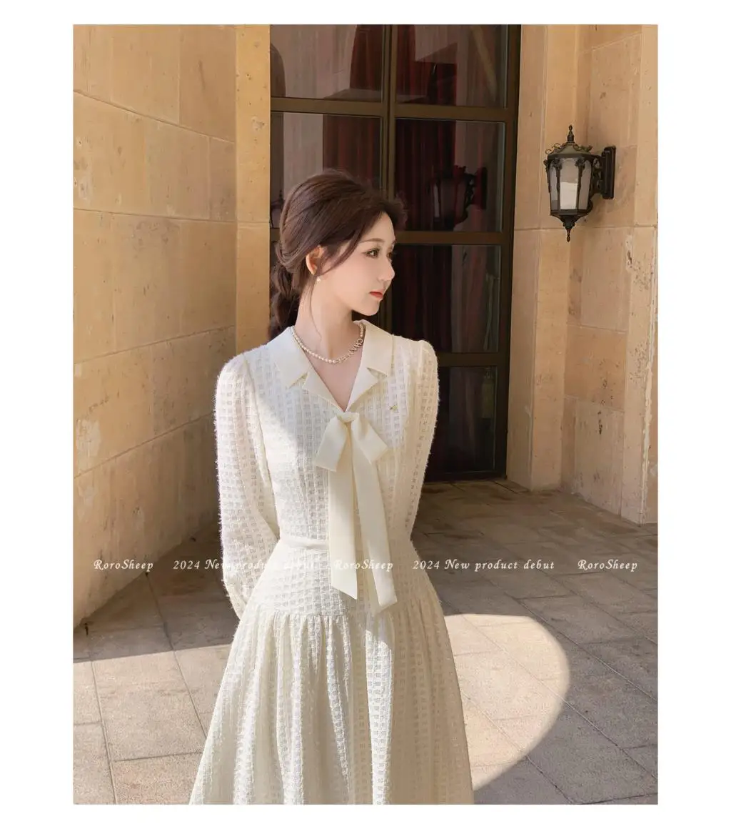 Elegant Vintage Lapel Midi Dresses for Women Bow Long Sleeve Birthday Party Dress A-line Autumn New Korean Fashion Vestido Mujer