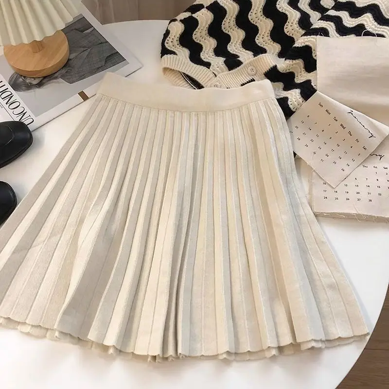 High Waist Mini Skirt Women Knitting Pleated A-line Thicken Loose Korean-style Hotsweet Girls Gentle Elegant Chic Leisure Solid 2
