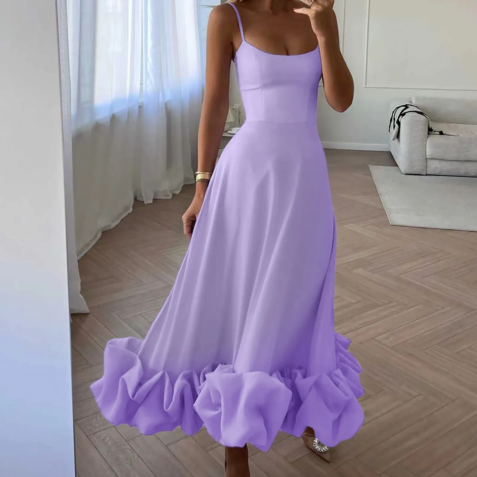 

Summer Women's Sexy Large Swing Party Dress Solid Color Spaghetti Strap Cocktail Party Dress Wedding Prom Flower Hem Dressy