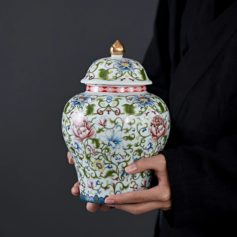 Modern Enamel Painted Flower General Jar Ceramic Sealed Tea Jar Gilded Art Decorative Crafts Storage Bottle Home Decoration tea canister