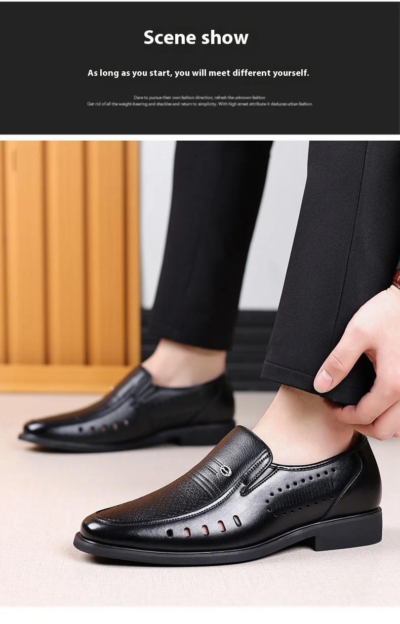 Atmungsaktive, ausgehöhlte Herren-Lederschuhe mit Aufzugskleidung, Frühling und Sommer, 6 cm Höhe erhöhen, Business-Slip-On, formelle Büroschuhe – Detail 12