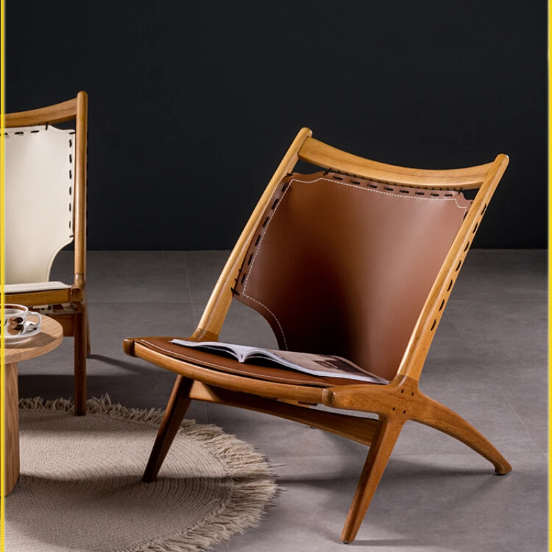 

Solid wood lazy leisure simple saddle leather living room single chair