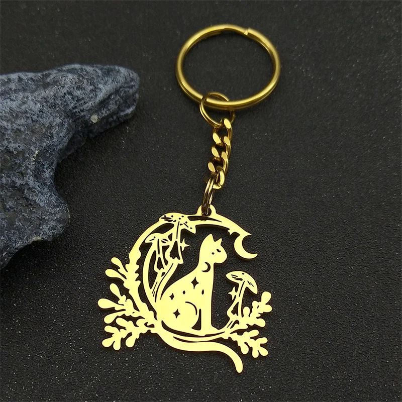 Schöne Katze mit Mond Stern Pilz Anhänger Schlüsselanhänger für Frauen Männer Edelstahl Gold Farbe Tier Pflanze Schlüsselanhänger Schmuck – Detail 5