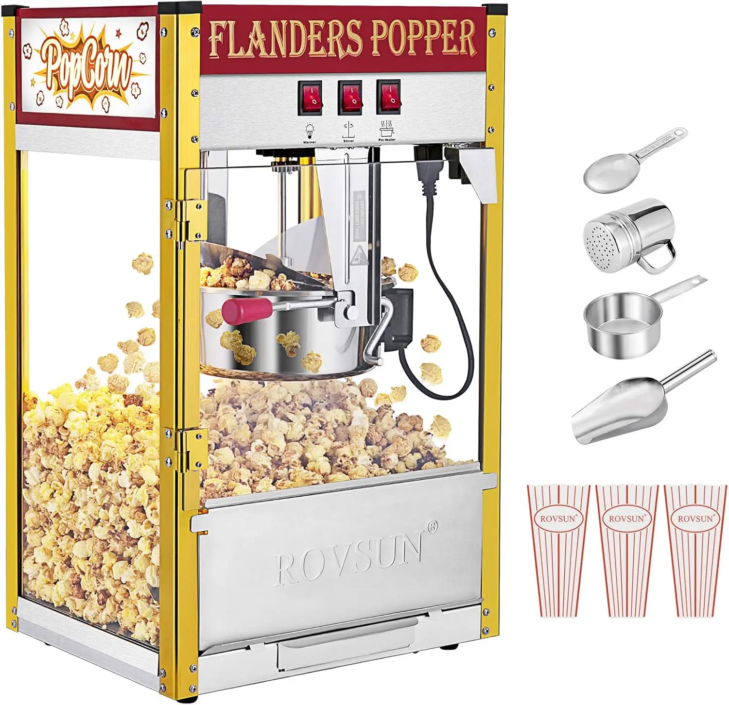 Popcorn Machine with 8 Ounce Kettle Makes Up to 32 Cups, Commercial Popcorn Machine Countertop Maker w/Stainless Steel S