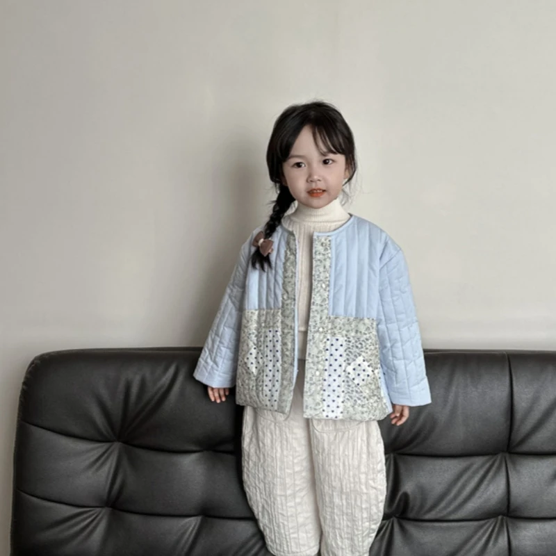 

Пальто для девочек, куртка, зимняя хлопковая ветровка, 2023 синяя Теплая Бархатная утепленная верхняя одежда для подростков, детская одежда