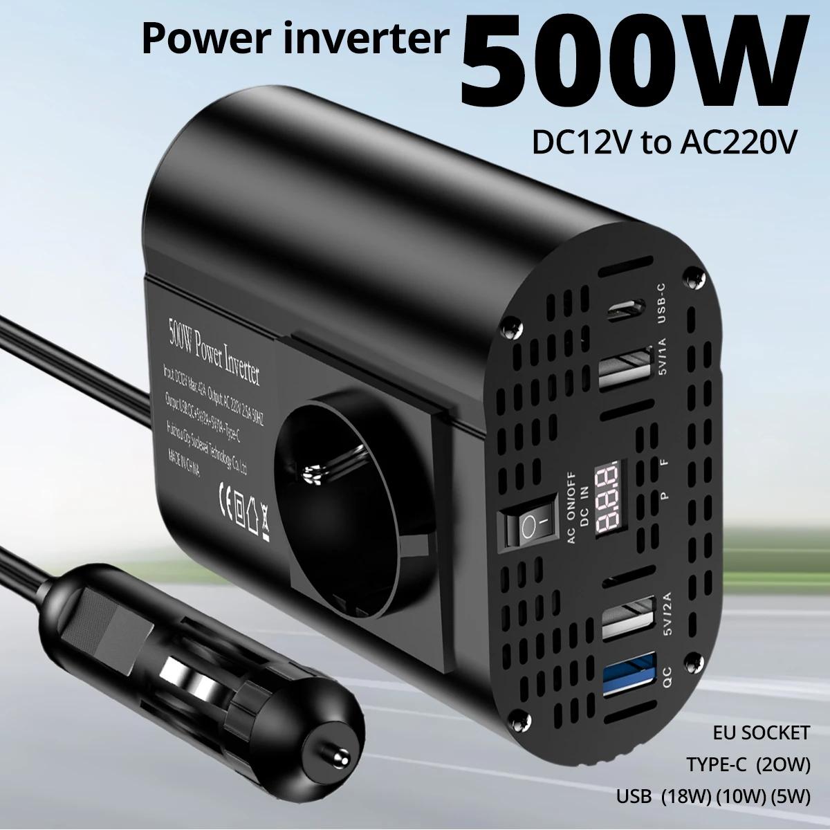 400W/500W/1500W DC12V to AC 220V 50HZ car inverter solar car power voltage portable converter TYPE-C USB EU sockets