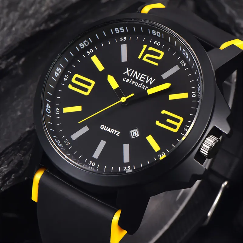 Men Original XINEW Brand Watches Students Boy Fashion Casual Rubber Band Simple Sports Date Quartz Watch Black Montre Homme 2024