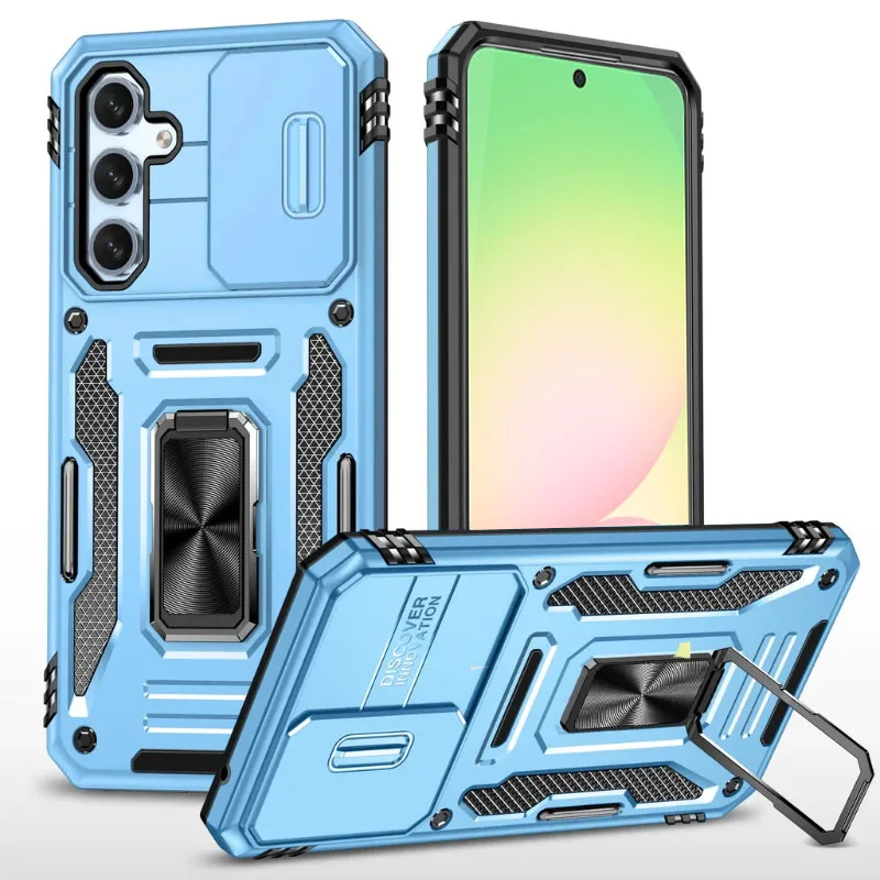 Shockproof Armor Phone Case with Slide Camera Protector and Magnetic Hybrid Ring Cover