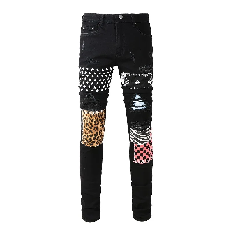 

High Streetwear Distressed Stretch Black Holes leopard print Paisley Bandanna Patchwork Jeans Pants Men