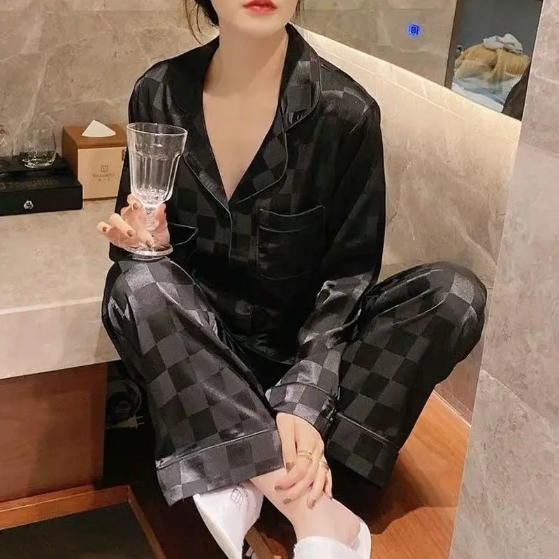 Spring Women Pajamas Set Ice Silk Sleepwear Long Sleeved Nightwear Sleep Clothing Satin Plus Size Home Sleeping Ladies Nighties