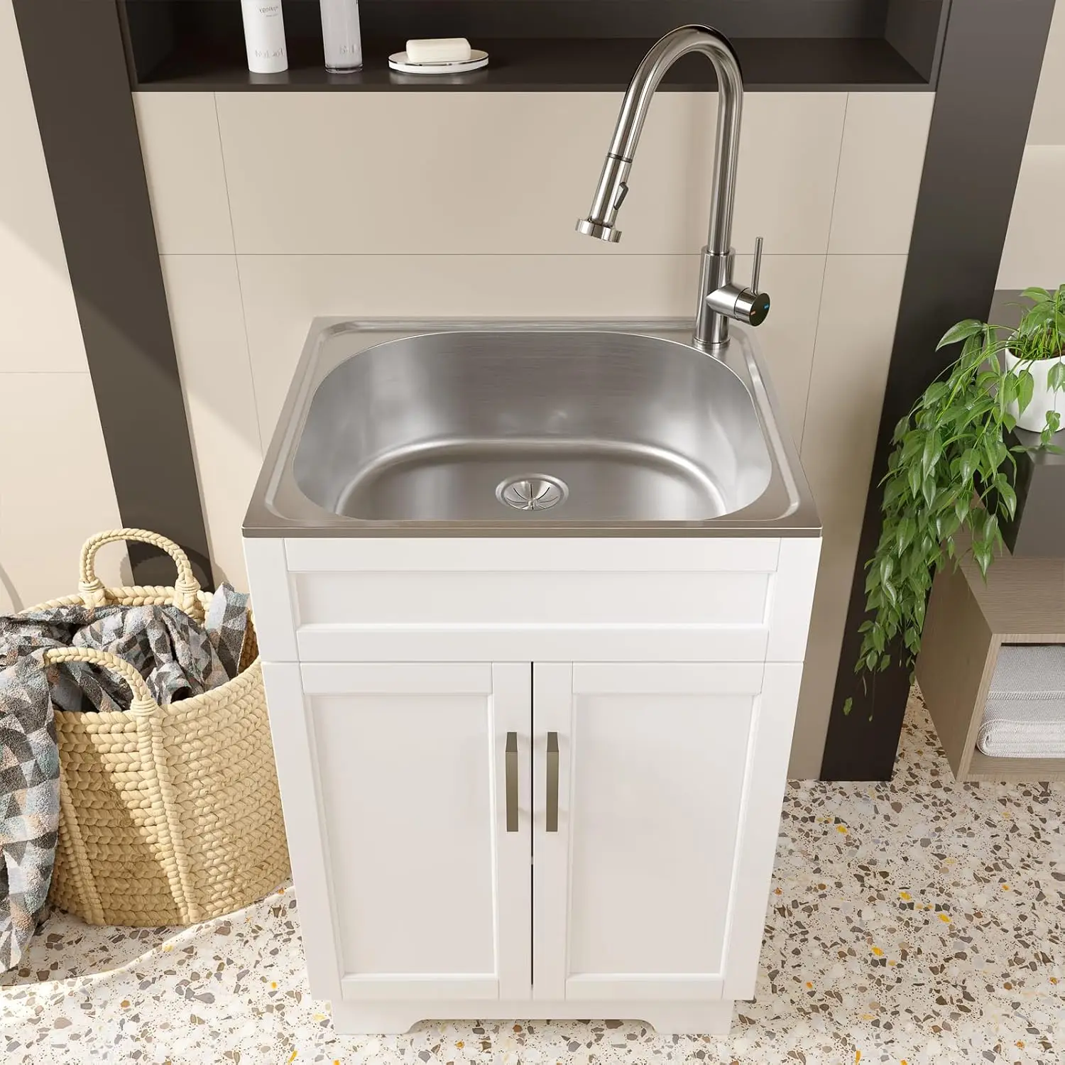 Laundry Sink Cabinet with Stainless Steel Sink and Pull-Down Faucet, 24 Inch Large Utility Sink Cabinet for Laundry/Utility Room