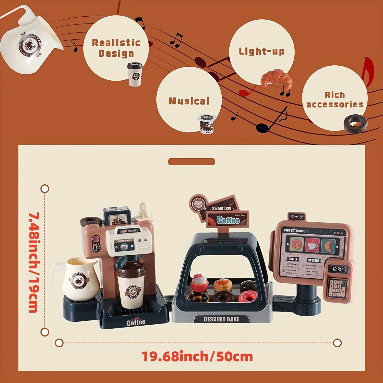 3 In 1 Toy Coffee Maker Machine And Cash Register Kit With Sound Light Pretend Role Play Toy Coffee Maker Machine & Fake Donuts