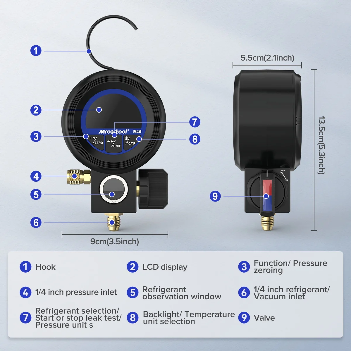 디지털 매니폴드 게이지 세트 R134a HVAC 진공 압력 테스터 공구 에어컨 냉매 누출 AC 진공 테스터 L201