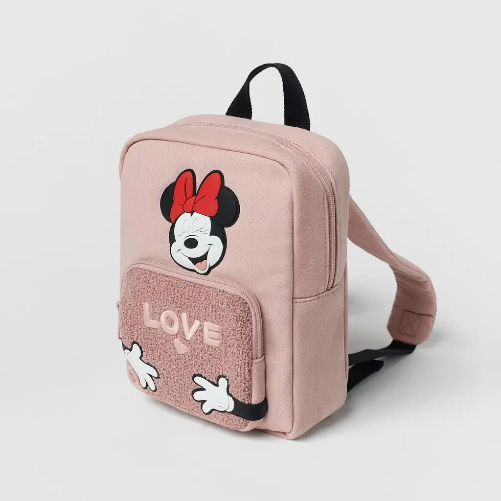 

Новый розовый хлопчатобумажный саржевый холст с вышивкой Love Hug, милый Принт Минни Маус, детские сумки для детского сада, дорожный рюкзак для девочек