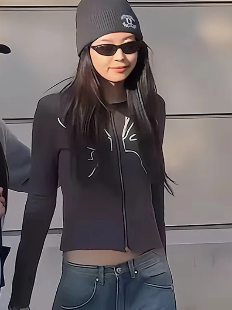 Nibber Sporty Butterfly Print Jacket Women Daily Classic Patchwork Full Sleeve Double Zip Fashion Elastic Street Casual Coat