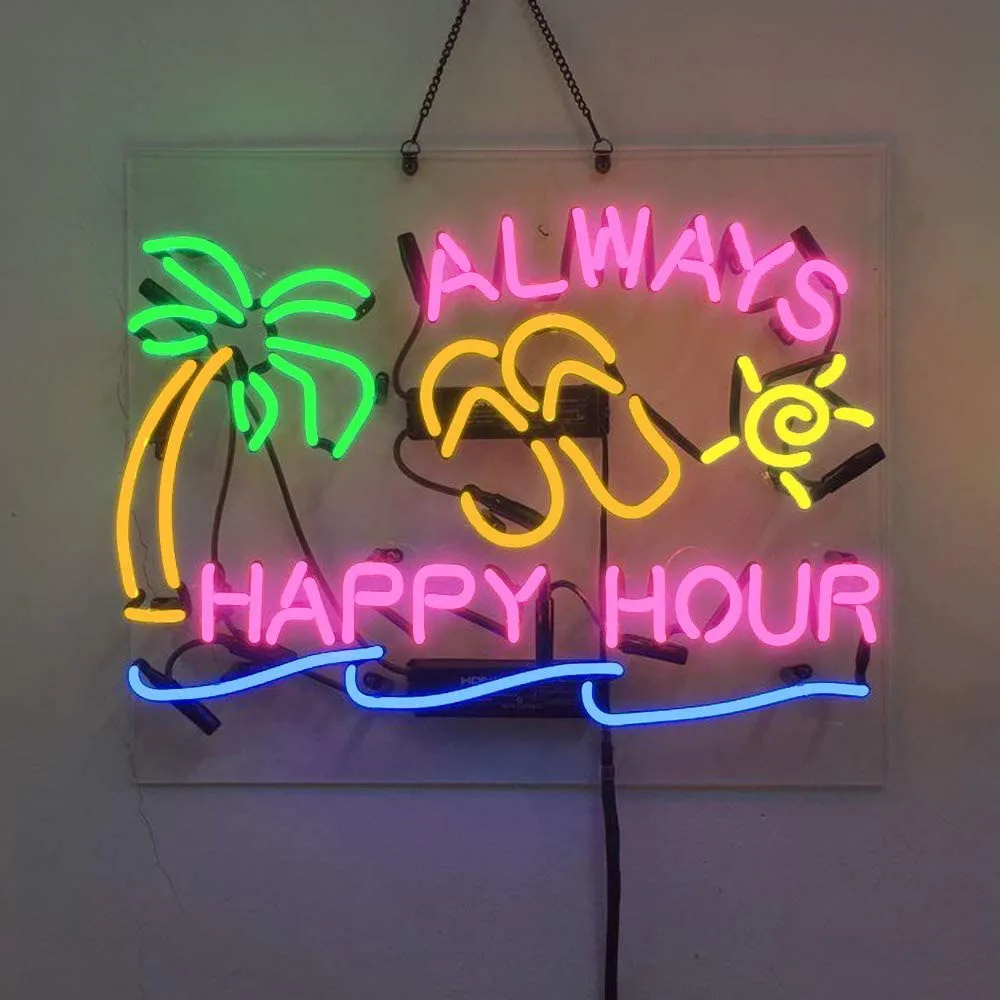 

ALWAYS HAPPY HOUR Palm Neon Light Sign Custom Handmade Real Glass Tube Beer Bar Motel Advertise Room Decor Display Lamp 19"X15"