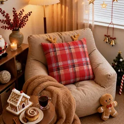 Christmas Plaid Pillow Cover | Polyester Antler Ornament | Festive Farmhouse Holiday Decor - 45×45cm (Red Pillowcase)