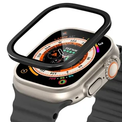 Titanium Tempered Glass Screen Protector with Metal Frame for Apple Watch 49mm - Anti - Scratch Premium Accessory (Black 2)