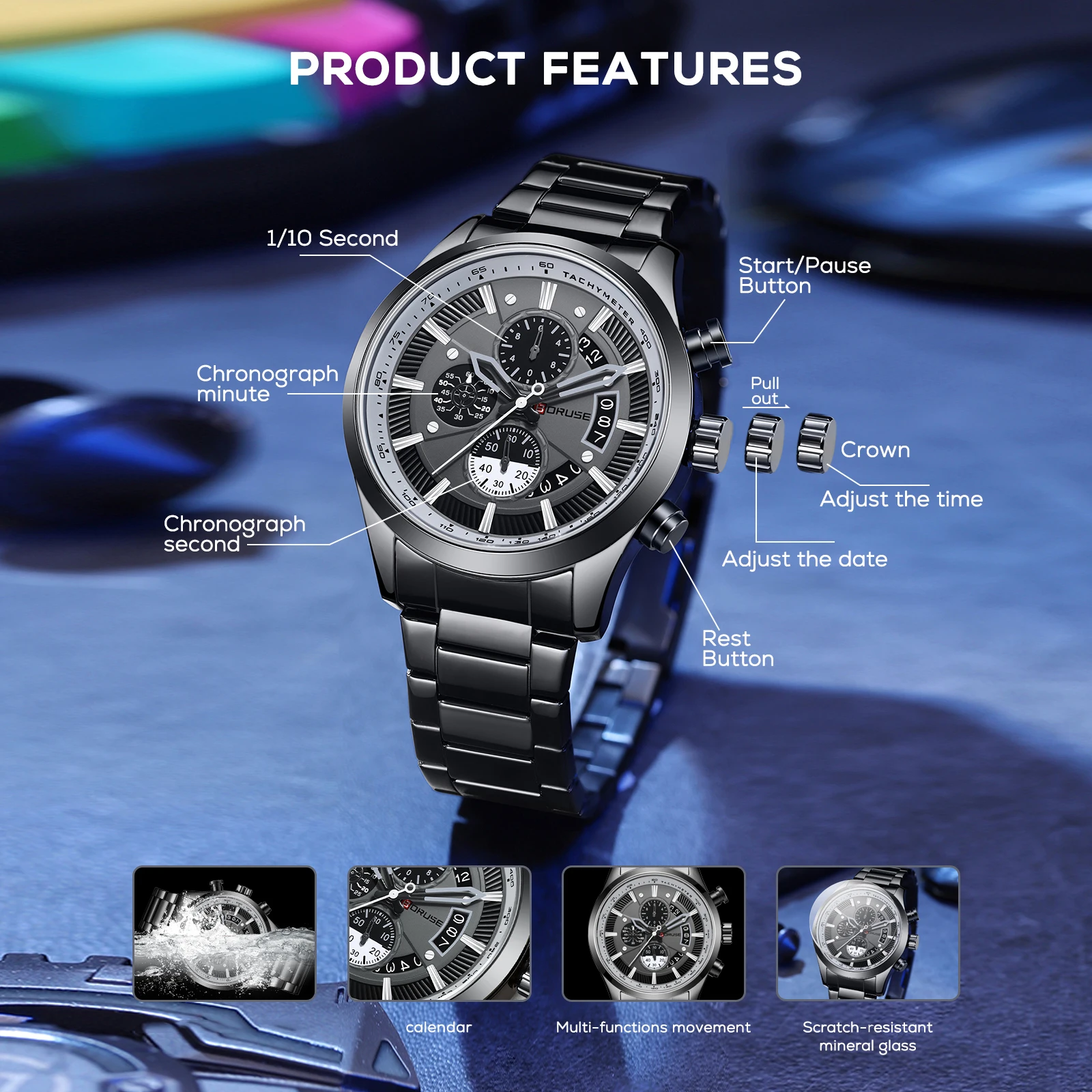 BORUSE Men Watches Waterproof Chronos Black Stainless Steel Band Luxury High Quality Fashion Brand Wristwatches Business Sport