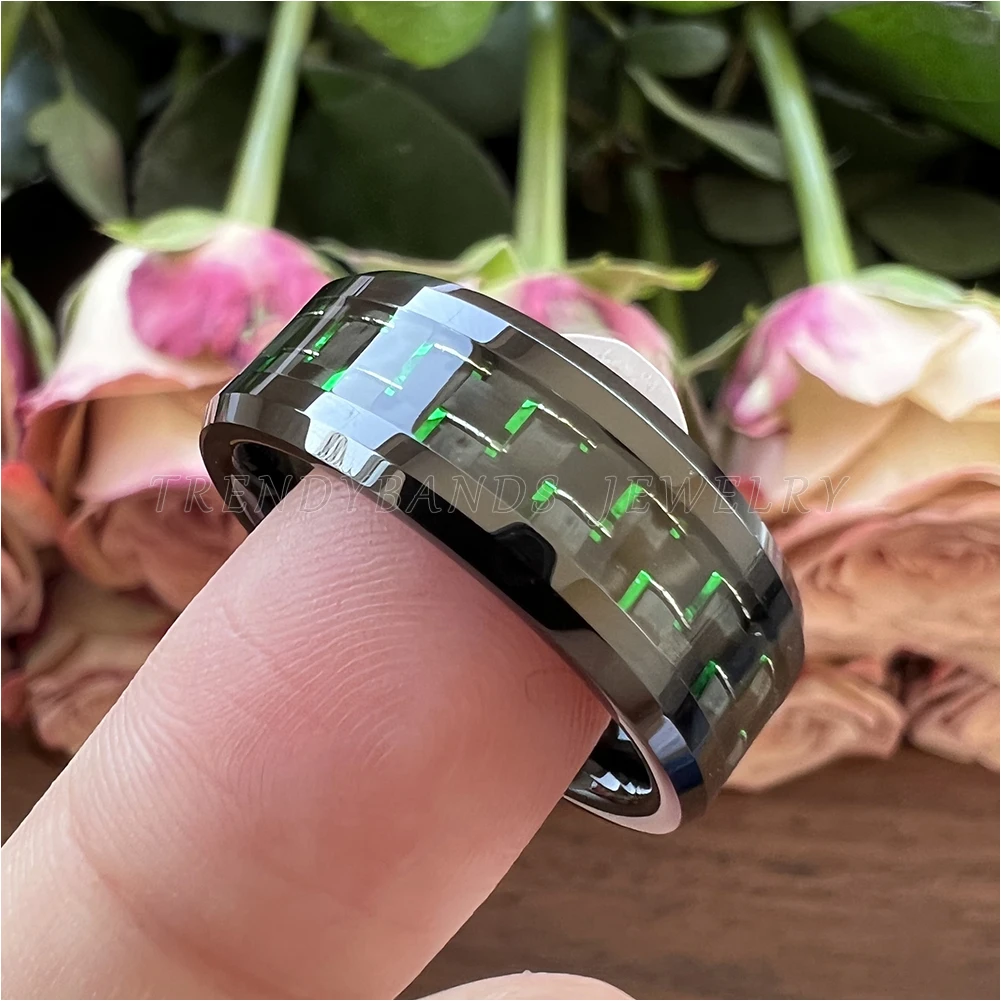 8mm Black Tungsten Ring for Men Women Beveled Edges Blue Carbon Fiber Inlay Polished Finish Comfort Fit