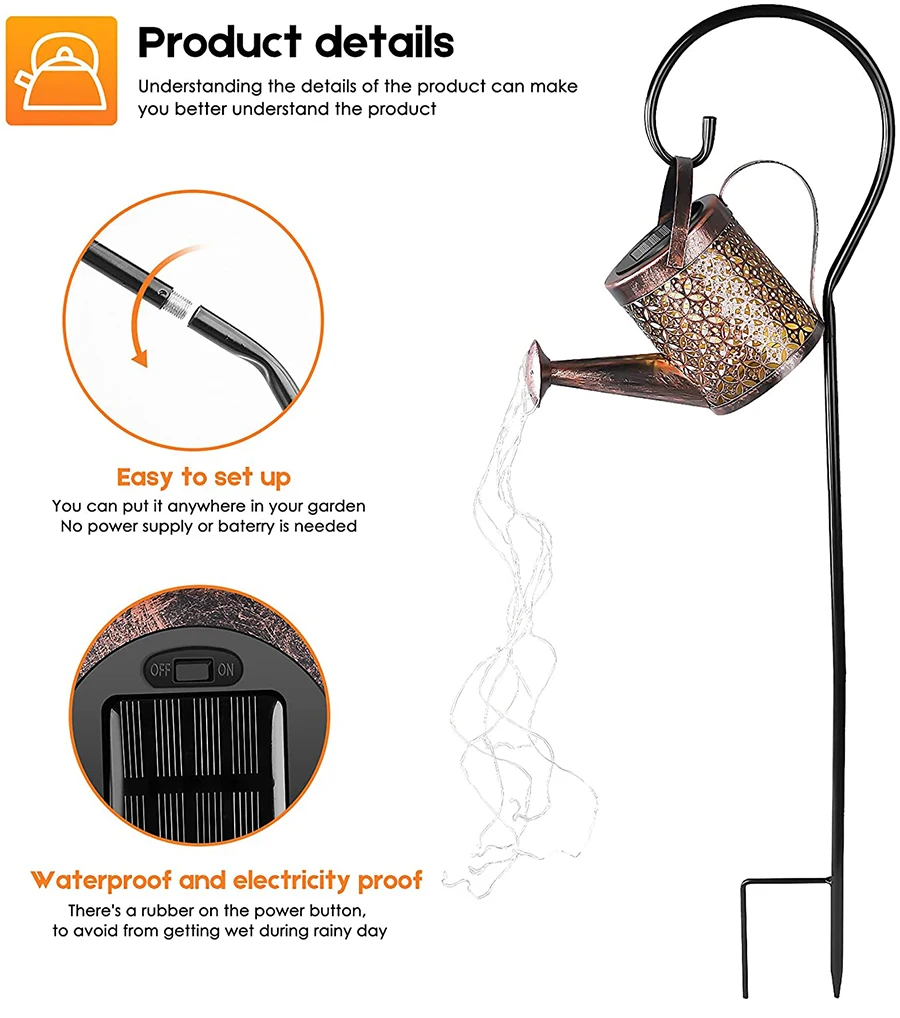 solar motion lights Solar Powered Wrought Iron Hollow Lamp Trapezoid Watering Can Sprinkles Fairy Light Waterproof Shower Lights Christmas Gardland indoor solar lights