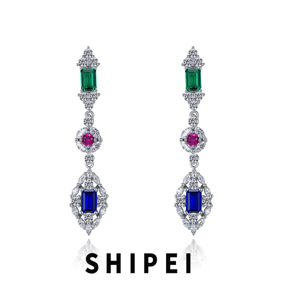 

SHIPEI Solid 925 Sterling Silver Emerald Cut Sapphire Emerald Ruby Gemstone Dangle Earrings Fine Jewelry For Women Wholesale