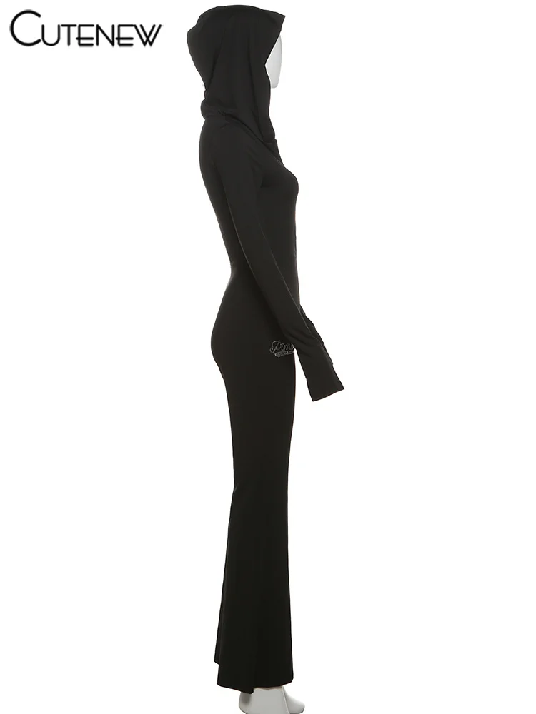 Mono clásico de lentejuelas para mujer, moda nueva, manga larga, cremallera, capucha, ajustado, acampanado, informal, de calle, de una pieza