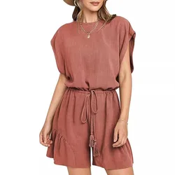 Cotton Linen Women's Jumpsuit Casual Loose Tassel Lace-up Waist Rompers 2024 Summer Beach Holiday Short-sleeve Jumpsuits Women