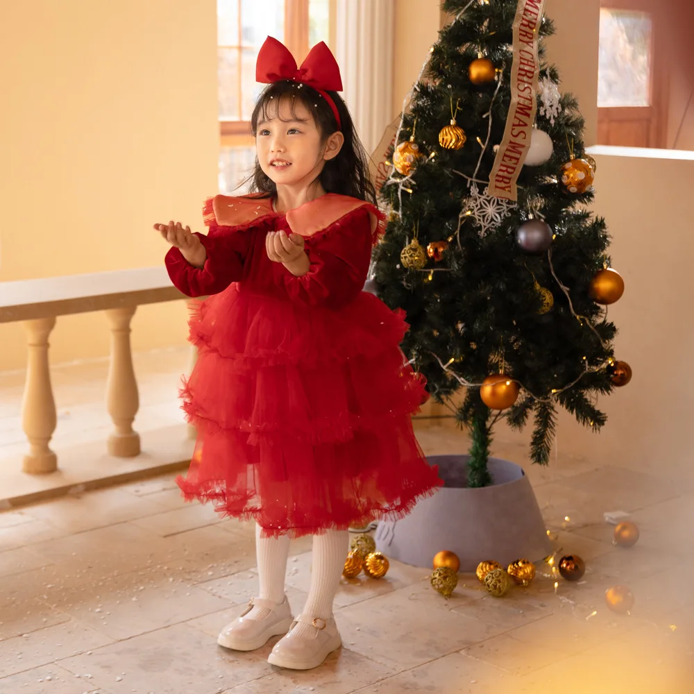 Children Clothing 2023 New Fashionable Winter Girl Gauze Dress Red