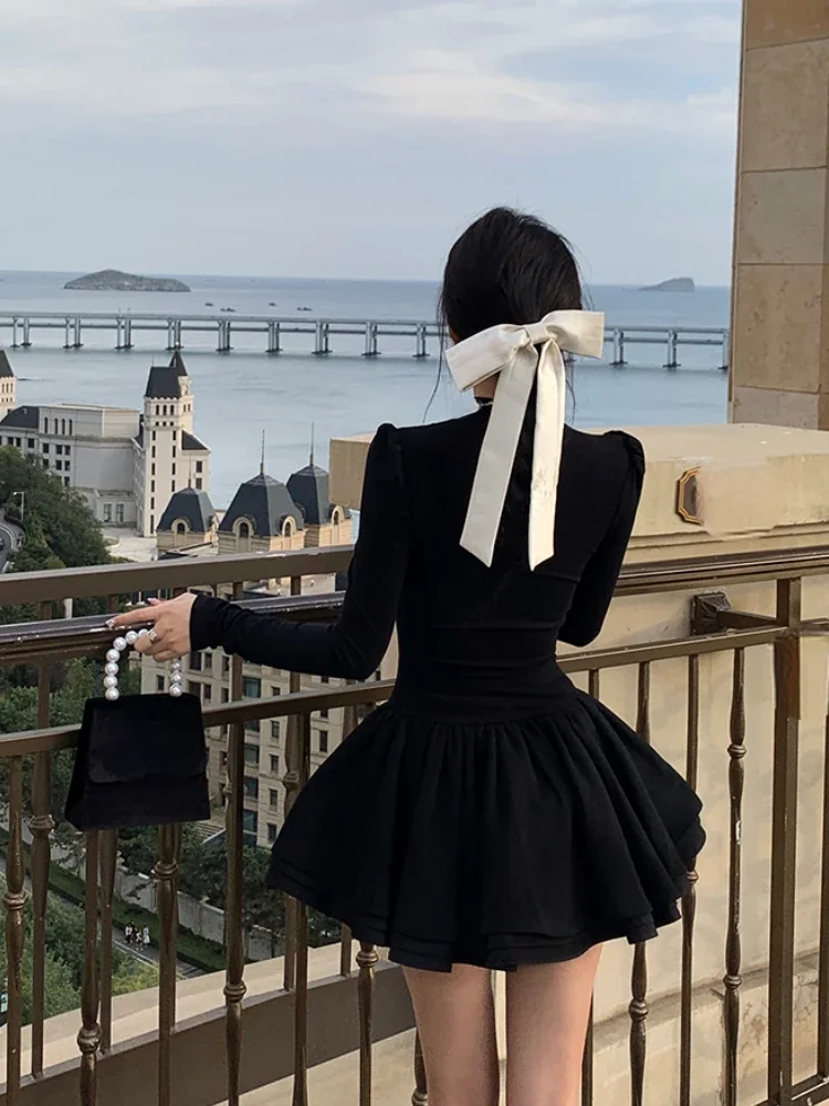 【MIDNIGHT MOVE】韓国人気★Frill Mini Dress Black Vintage Y2k Short Party Dress Women Sexy Slim Bodycon