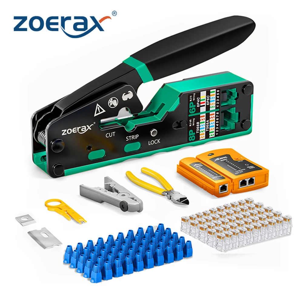 RJ45 Crimp Tool Kit 8 in 1 Crimper Cable Tester Wire Cutter Blades 50Pcs Cat 6 Connectors Strain Relief Boots network cable tester ethernet crimping tool network crimper network repair tool set network tool kit network tool set terminal crimping pliers