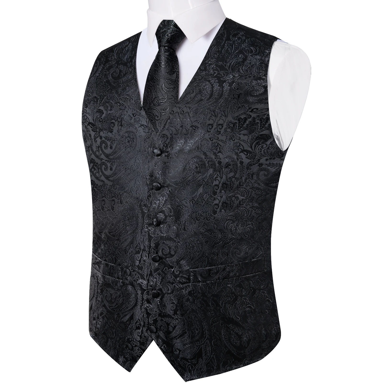 Suit Vest for Men Black Solid Paisley Wedding Prom Groom Jacquard Silk Waistcoat with Necktie for Tuxedo Men Clothing DiBanGu 3