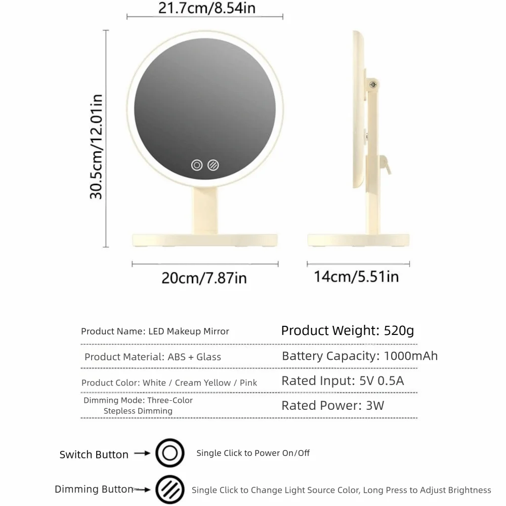 Removable Makeup Mirror with LED Light Tricolor Light Rotatable Daylight Vanity Mirror with Storage Base Touch Control