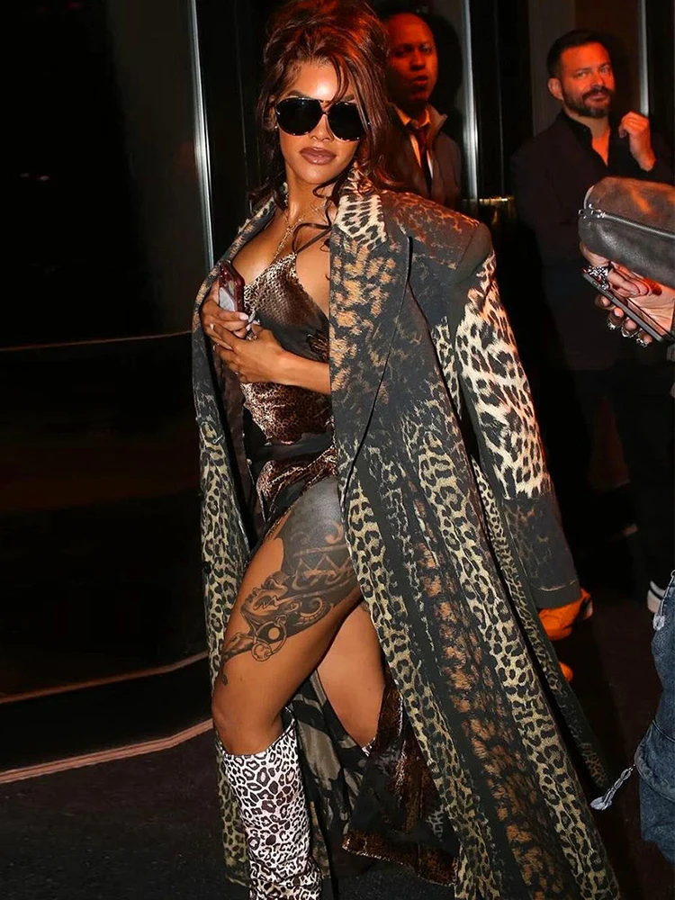 Nibber Lapel Trench Coat Woman Leopard Print High Waist Autumn Trend Bandage Cardigan Full Sleeve Street Fashion Style Clothing