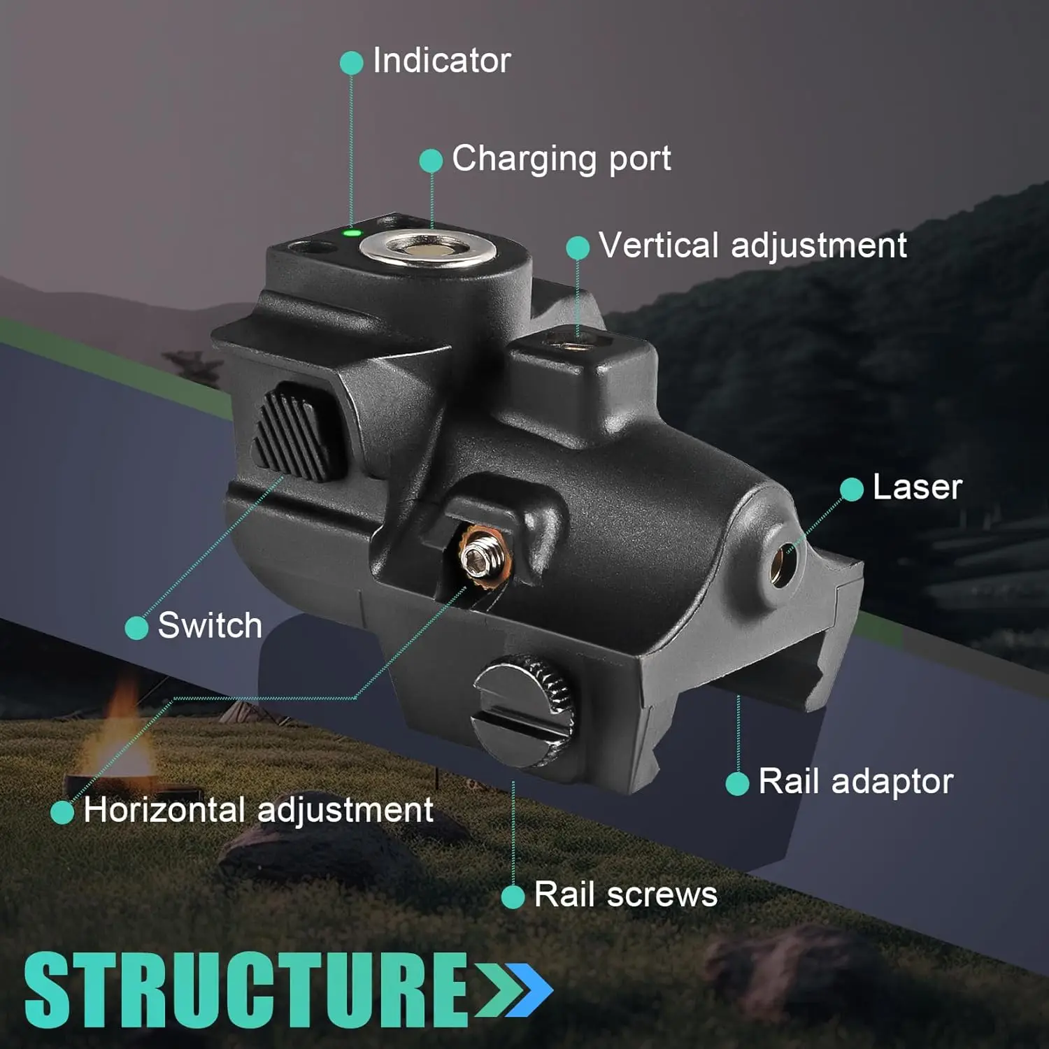 Green Laser Sight Compact Shockproof Gun Sight Magnetic USB Rechargeable for Pistols and Airsoft Guns 20mm Picatinny Rail