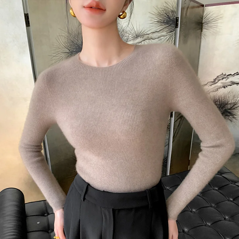 

100% pure sweater women's round neck slim first-line ready-to-wear seamless tight-fitting slim sweater Joker bottoming sweater